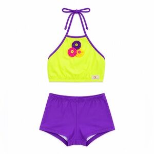 Girls' Neon Lime Halter Bikini Top with Purple Swim Shorts